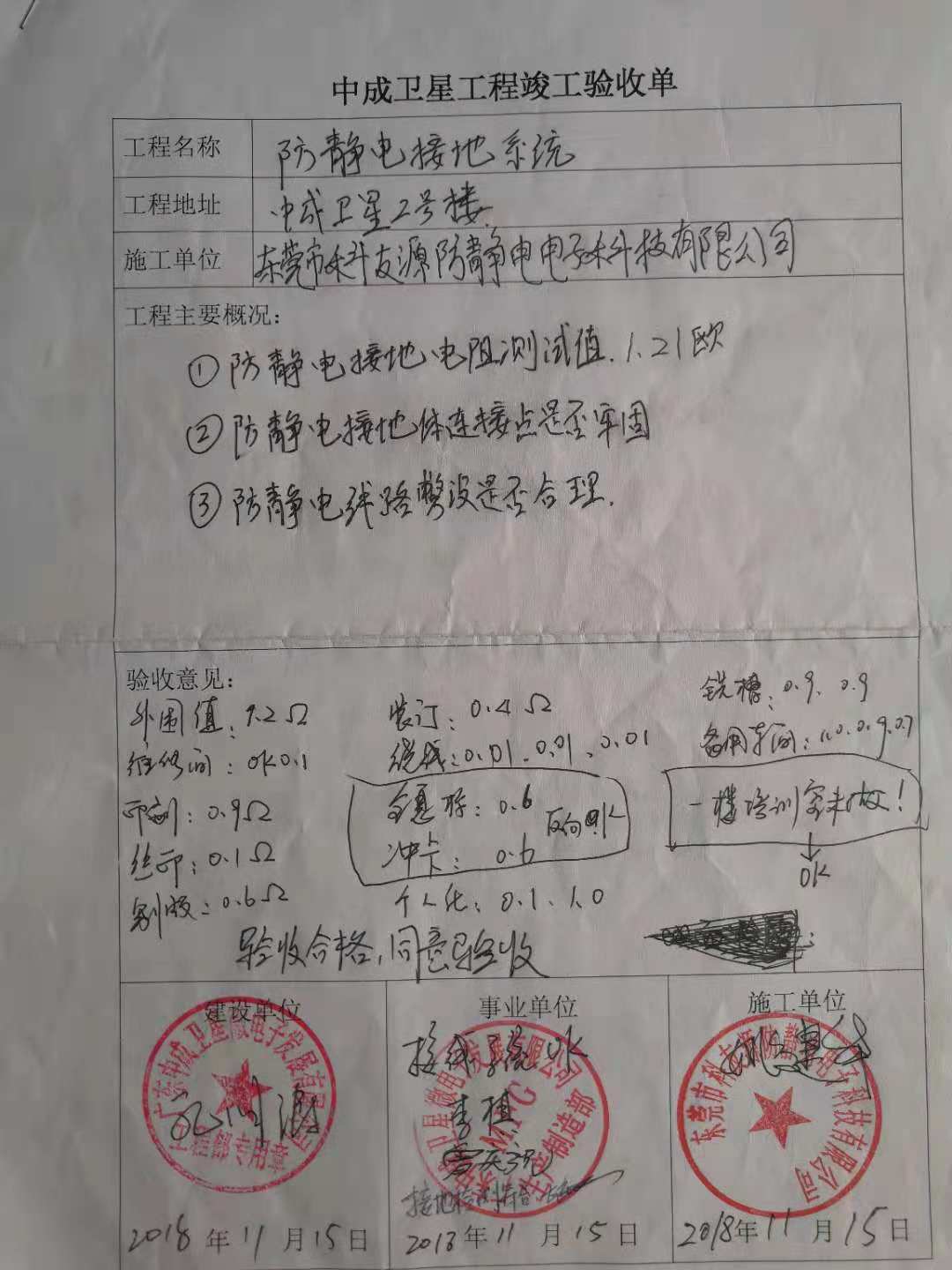 廣東中成衛(wèi)星微電子發(fā)展有限公司防靜電接地系統(tǒng)完成驗(yàn)收